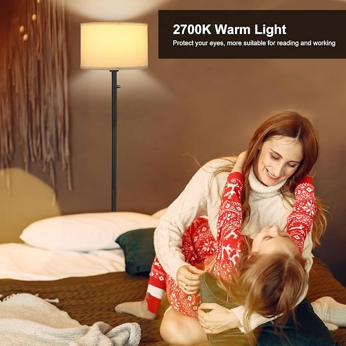Floor Lamps for Living Room, Stepless Dimmable Standing Lamp, Modern Floor Lamp with Rotary Switch, White Linen Shade, 9W Led Bulb Included(1000LM,2700K), Tall Lamp for Bedroom, Office, Farmhouse - LeafyLoom