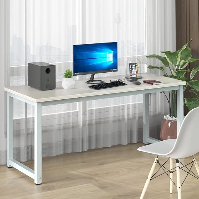 NSdirect Large Office Desk for Home Office, Large 63" Computer Desk Table, Wide Writing Study Desk for 2 Person, Metal Sturdy Frame Thicker Steel Legs, (White Oak, 63"L x 23.6"W x 29.5"H) - LeafyLoom