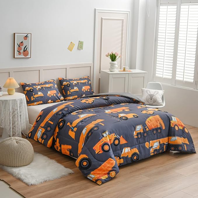 NTBED 5 Pieces Construction Truck Comforter Set for Boys Kids Vehicles Excavator Cars Lightweight Microfiber Bedding Sets (Grey, Twin) - LeafyLoom