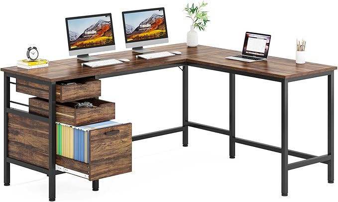 Tribesigns L Shaped Desk with File Drawer Cabinet, 59 Inch Corner Desk L Shaped Computer Desk with Drawers, PC Table Writing Desk for Home Office, Rustic Brown - LeafyLoom