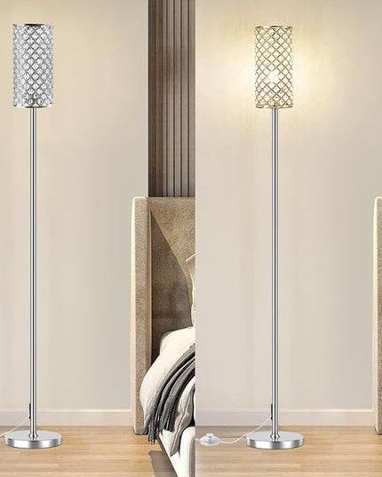 Crystal Floor Lamps - Modern Silver Standing Lamp with 3 CCT LED Bulbs for Elegant Home Decor Living Room and Bedroom Lighting - LeafyLoom