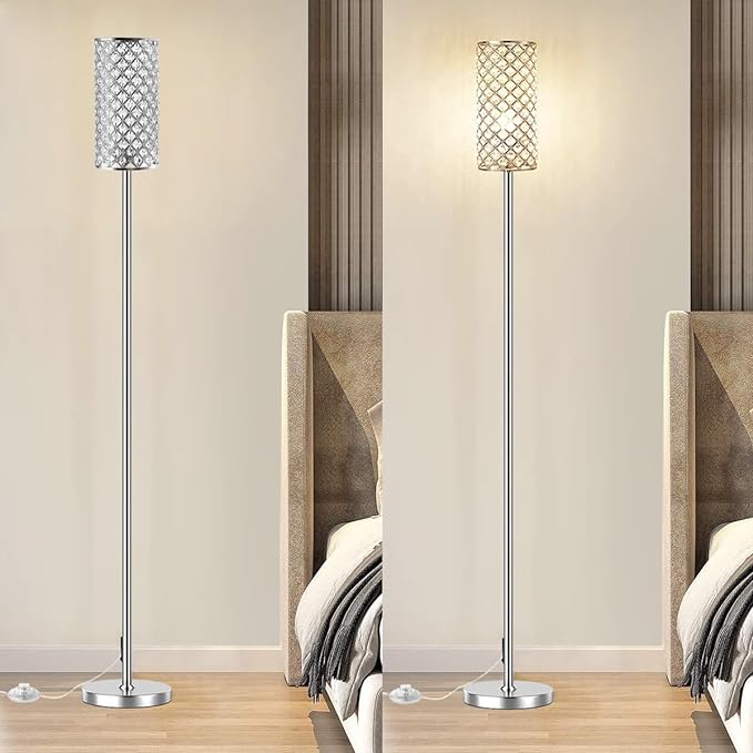 Crystal Floor Lamps - Modern Silver Standing Lamp with 3 CCT LED Bulbs for Elegant Home Decor Living Room and Bedroom Lighting - LeafyLoom