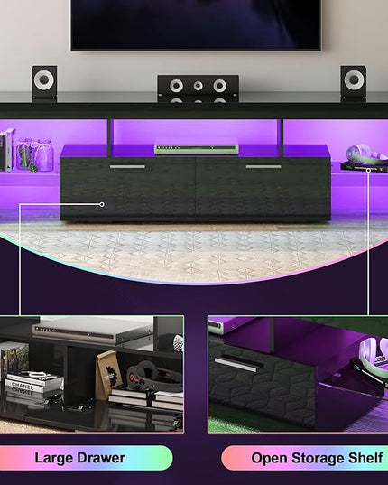Clikuutory Modern LED 71 inch long TV Stand with Storage Drawer for 50 55 60 65 70 75 80 Inch TVs, Black Wood TV Console with High Glossy Entertainment Center for Gaming, Living Room, Bedroom - LeafyLoom