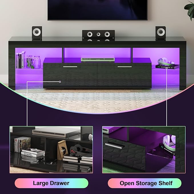 Clikuutory Modern LED 71 inch long TV Stand with Storage Drawer for 50 55 60 65 70 75 80 Inch TVs, Black Wood TV Console with High Glossy Entertainment Center for Gaming, Living Room, Bedroom - LeafyLoom