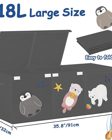 Large Toy Box Storage Chest,Sturdy Toys Storage Organizer Bin Basket with Dividers and Lids for Toddlers,Boys,Girls,Nursery,Closet,Living Room Area,Playroom(Grey Animals) - LeafyLoom