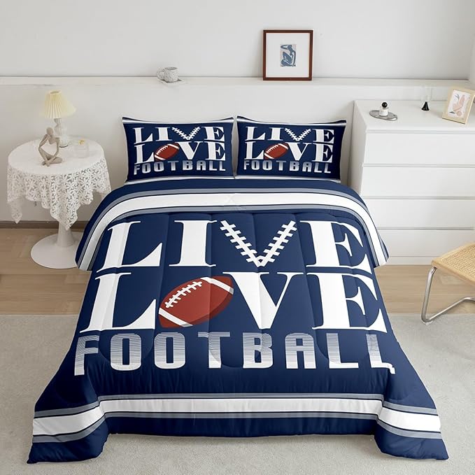 Rugby Sports Bedding Set Full Size Football Comforter Set for Kids Boys Girls Decor Soccer Ball Game Comforter Microfiber American Football Player Duvet Set Bedroom Quilt Set - LeafyLoom