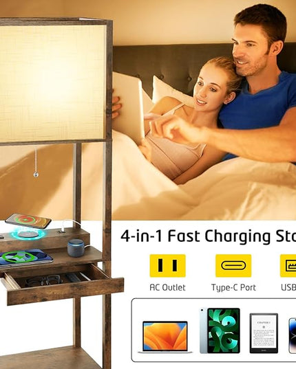 Floor Lamp with Shelves Plus, 4-Tier Wireless Charger Floor Lamp for Living Room Bedroom, USB and Type C Charging Ports 2 AC Power Outlets, 3CCT Color Selectable 15W Bulb(Brown). - LeafyLoom