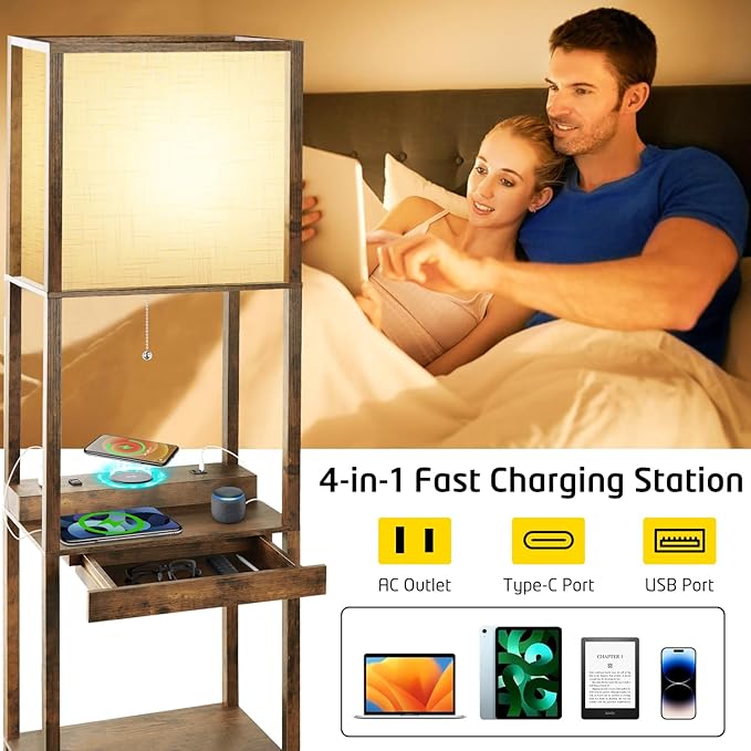 Floor Lamp with Shelves Plus, 4-Tier Wireless Charger Floor Lamp for Living Room Bedroom, USB and Type C Charging Ports 2 AC Power Outlets, 3CCT Color Selectable 15W Bulb(Brown). - LeafyLoom