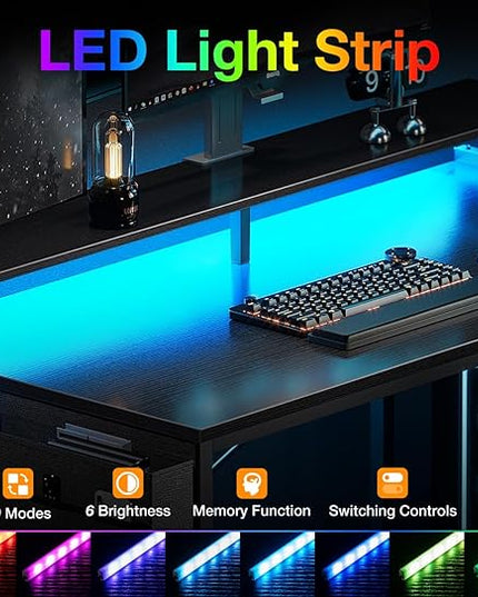 ODK 66 Inch Gaming Desk with USB Charging Ports and LED Lights, Reversible L Shaped Computer Desk with Storage Shelves & Monitor Stand, Corner Gamer Desk Table with Power Outlets, Black - LeafyLoom