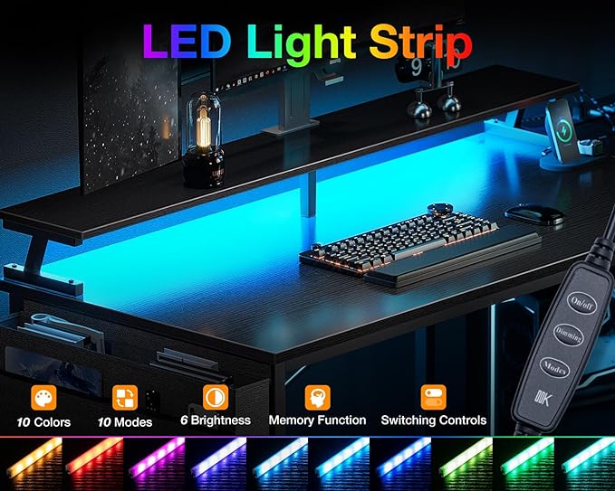 ODK 66 Inch Gaming Desk with USB Charging Ports and LED Lights, Reversible L Shaped Computer Desk with Storage Shelves & Monitor Stand, Corner Gamer Desk Table with Power Outlets, Black - LeafyLoom