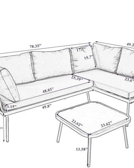 3-Piece Outdoor Patio Furniture PE Rattan Sofa Set, All Weather L-Shaped Sectional Couch with Removable Cushions and Glass Table, for Backyard Poolside Garden, Metal Frame, Onesize, Beige - LeafyLoom