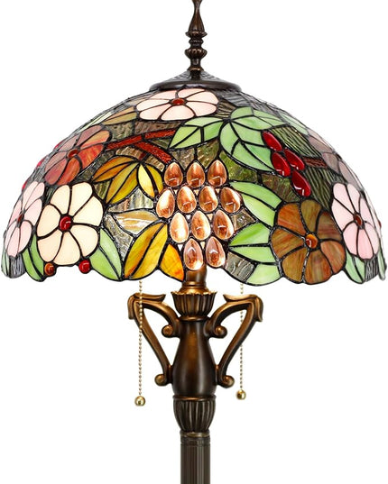 Tiffany Floor Lamp Stained Glass Standing Reading Light 16X16X66 Inch - Green Purple Grape - LeafyLoom