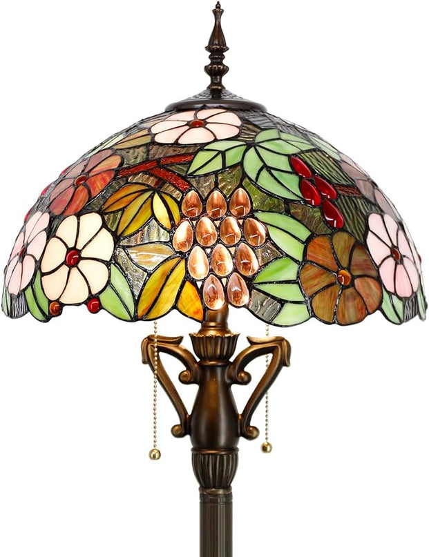 Tiffany Floor Lamp Stained Glass Standing Reading Light 16X16X66 Inch - Green Purple Grape - LeafyLoom