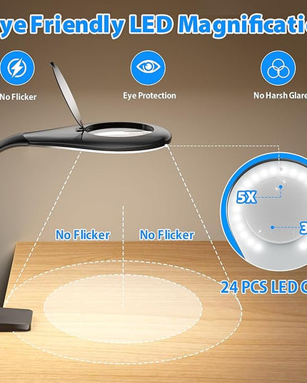Magnifying Glass with Light, Flexible Gooseneck 3X&5X Glass Lens LED Magnifying Desk Lamp with Clamp, Hand Free Magnifying Lamp with Dust Cover for Reading, Painting, Craft, Repair - LeafyLoom