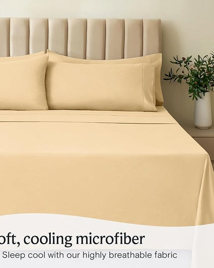 LuxClub 7 PC Split King Sheet Set, Breathable Luxury Bed Sheets, Deep Pockets 18" Eco Friendly Wrinkle Free Cooling Sheets Machine Washable Hotel Bedding Silky Soft - Yellow Split King - LeafyLoom