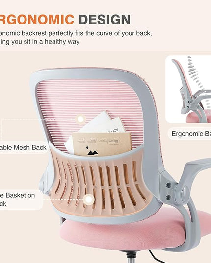 Sweetcrispy Office Computer Desk Chair, Ergonomic Mid-Back Mesh Rolling Work Swivel Task Chairs with Wheels, Comfortable Lumbar Support, Comfy Flip-up Arms for Home, Bedroom, Study, Student, Pink - LeafyLoom