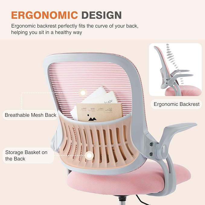 Sweetcrispy Office Computer Desk Chair, Ergonomic Mid-Back Mesh Rolling Work Swivel Task Chairs with Wheels, Comfortable Lumbar Support, Comfy Flip-up Arms for Home, Bedroom, Study, Student, Pink - LeafyLoom