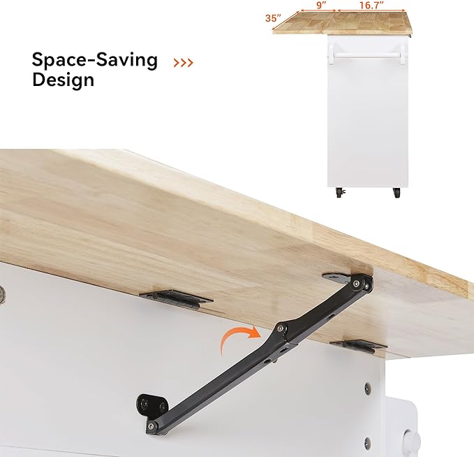 Kitchen Island with Storage on Wheels, Kitchen Island Cart w/Storage&Divider, Internal Canibet Rack, Adjustable Shelf Tower Rack for Dinning Room Coffee Bar, Rubber Wood Contertop - LeafyLoom
