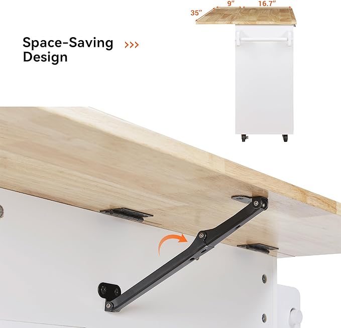 Island with Storage, Rolling Kitchen Cart on Wheels w/Drop Leaf, Internal Cabinet, Adjustable Shelf Towel Rack and Rubber Wood Countertop, for Dining Room, Home, White, 39 Inch - LeafyLoom