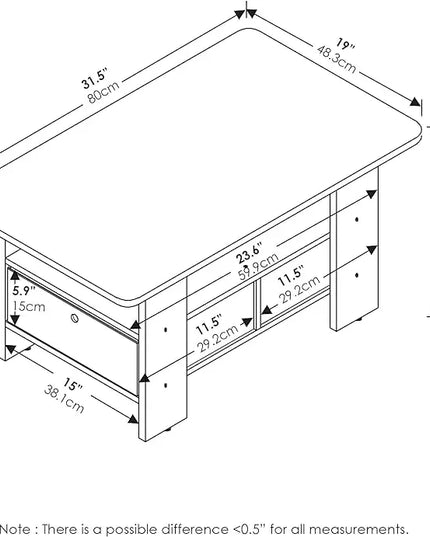 Furinno Andrey Coffee Table with Bin Drawer, Amber Pine/Black Small Non-Lift Top - LeafyLoom