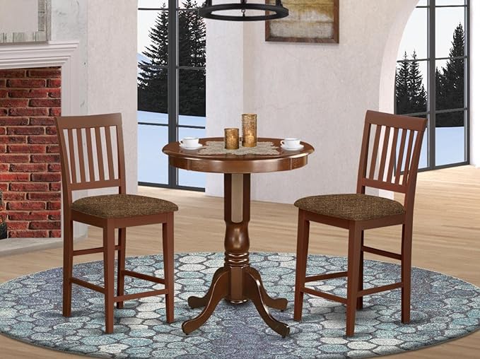 East West Furniture Eden 3 Piece Counter Set for Small Spaces Contains a Round Dining Room Table with Pedestal and 2 Linen Fabric Upholstered Chairs, 30x30 Inch, Mahogany - LeafyLoom