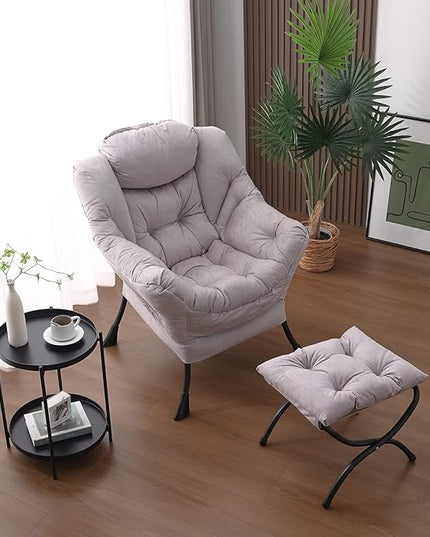 Welnow Lazy Chair with Ottoman, Modern Lounge Accent Chair with Armrests and a Side Pocket, Leisure Upholstered Sofa Chair Reading Chair with Footrest for Small Space, Corner Chair, Light Grey - LeafyLoom