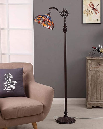 Bieye L10702 Dragonfly Tiffany Style Stained Glass Floor Reading Lamp with 12 Inch Wide Lampshade Metal Base, Adjustable Light Direction, 62 inch Tall, Blue Orange - LeafyLoom