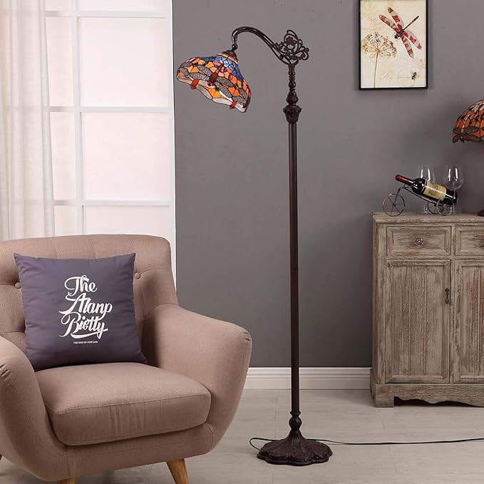 Bieye L10702 Dragonfly Tiffany Style Stained Glass Floor Reading Lamp with 12 Inch Wide Lampshade Metal Base, Adjustable Light Direction, 62 inch Tall, Blue Orange - LeafyLoom