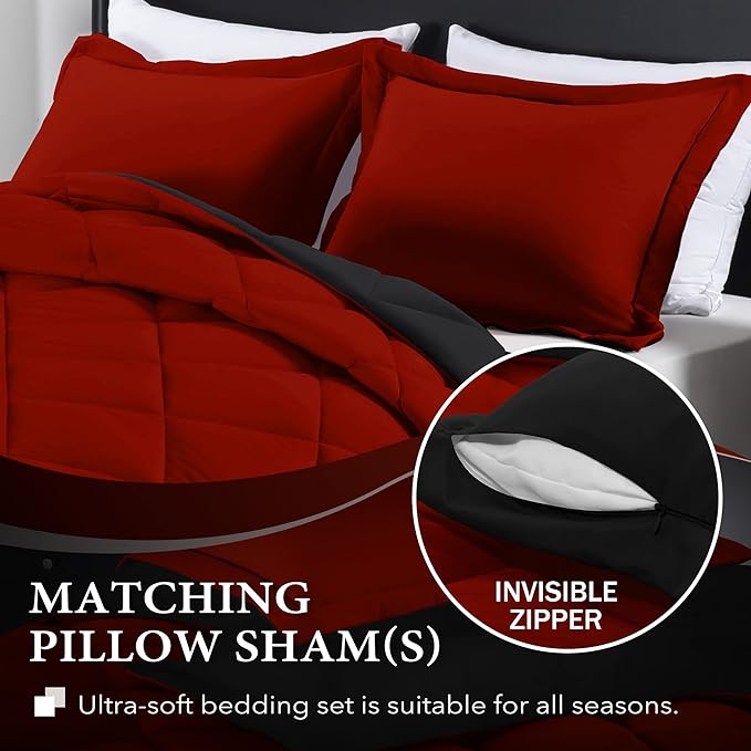 downluxe Twin Comforter Set - Red and Black Twin Comforter, Soft Bedding Sets for All Seasons - 2 Pieces - 1 Comforter (66"x92") and 1 Pillow Sham(20"x26") - LeafyLoom