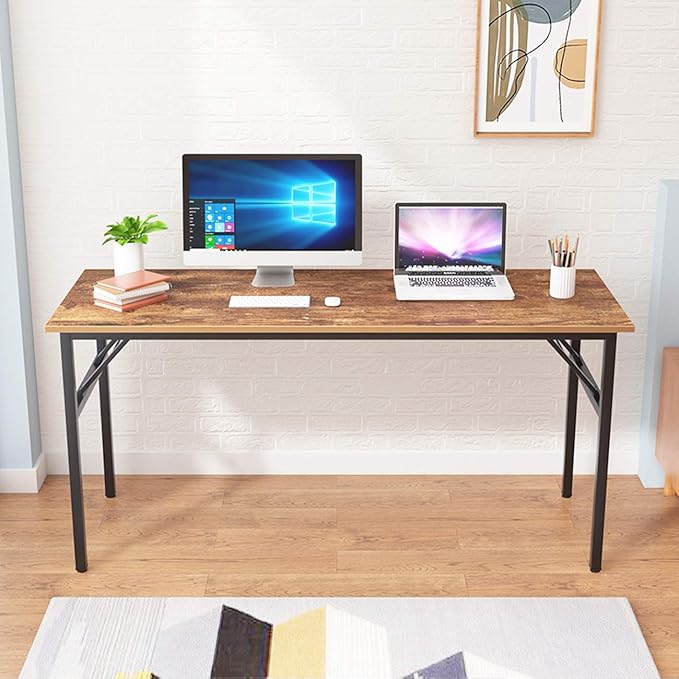 SogesGame Computer Desk, 62 Inch Large Desk Modern Simple Style Folding Tables, Home Office Writing Desk, Space Saving Foldable Table, No Install Needed, Retro Black - LeafyLoom