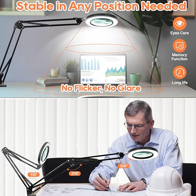 10X Magnifying Glass with Light, Adjustable Swing Arm 72 LEDs Real Glass Lens Magnifier Light,3 Color Modes 10 Stepless Dimmable,Perfect for Daily Reading,Hobbies, Crafts - LeafyLoom