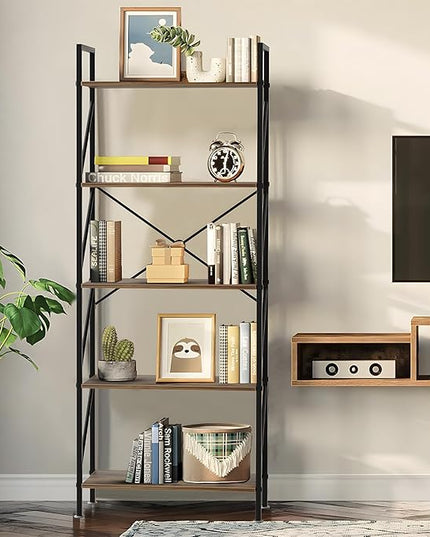 5 Tier Bookshelf Bookcase Wood Tall Bookshelf Open Shelf,Farmhouse Bookshelf Book case, Industrial Bookshelf Storage Organizer for Bedroom,Living Room,Office, Rustic Brown - LeafyLoom