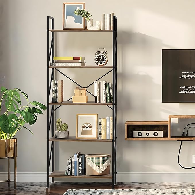 5 Tier Bookshelf Bookcase Wood Tall Bookshelf Open Shelf,Farmhouse Bookshelf Book case, Industrial Bookshelf Storage Organizer for Bedroom,Living Room,Office, Rustic Brown - LeafyLoom