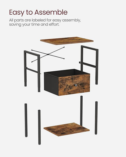 VASAGLE Nightstands, Set of 2 Side Tables with Fabric Drawer, 24-Inch Tall End Tables with Storage Shelf, Bedroom, Rustic Brown and Black ULGS221B01V1 - LeafyLoom