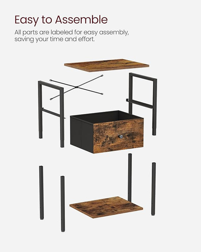 VASAGLE Nightstands, Set of 2 Side Tables with Fabric Drawer, 24-Inch Tall End Tables with Storage Shelf, Bedroom, Rustic Brown and Black ULGS221B01V1 - LeafyLoom