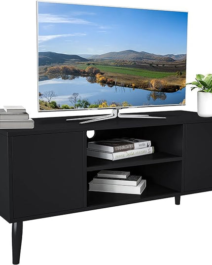 Yusong Retro TV Stand for 55 Inch TV, Entertainment Centers for Living Room Bedroom, Wood TV Bench Table TV Console TV Cabinet with 2 Storage Cabinets and Open Shelves, Black - LeafyLoom