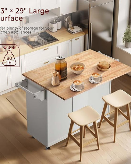 54" Rolling Kitchen Island Cart with Storage, Large Kitchen Cart Cabinet with Folding Drop Leaf Breakfast Bar, Wood Island Table for Kitchen with 3 Drawers and Spice Rack & Towel Rack, White - LeafyLoom