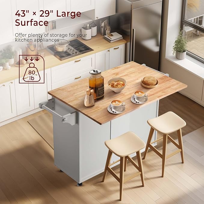 54" Rolling Kitchen Island Cart with Storage, Large Kitchen Cart Cabinet with Folding Drop Leaf Breakfast Bar, Wood Island Table for Kitchen with 3 Drawers and Spice Rack & Towel Rack, White - LeafyLoom