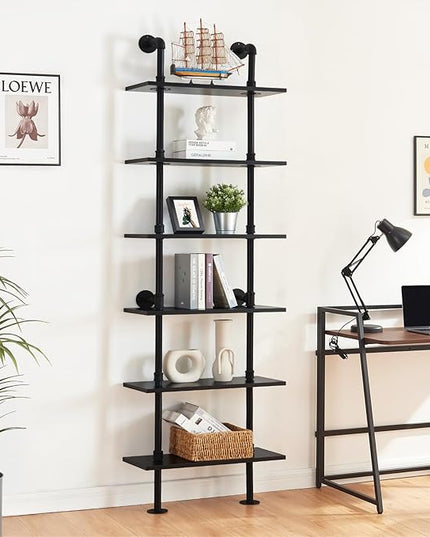 HOMBAZAAR Industrial Bookshelf, 6-Tier Industrial Pipe Bookshelf, Wall Mounted Ladder Shelf with Metal Frame for Home Office, Living Room, Black - LeafyLoom