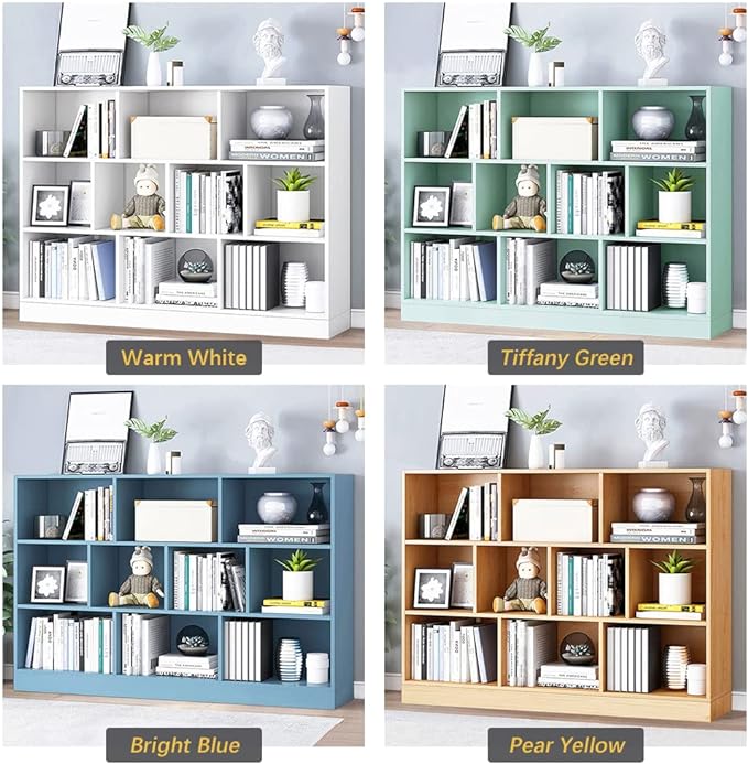 IOTXY Open Shelf Low Bookcase - Wooden 3-Tier Floor Standing Display Cabinet Organizer with Base, 10 Cubes Short Horizontal Bookshelf in Tiffany-Green - LeafyLoom