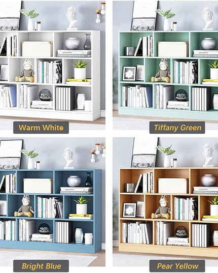 IOTXY Open Shelf Low Bookcase - Wooden 3-Tier Floor Standing Display Cabinet Organizer with Base, 10 Cubes Short Horizontal Bookshelf in Pear Yellow - LeafyLoom