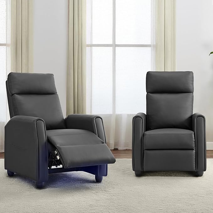 Recliner Chair for Adults PU Leather Push Back Armchair with 4 Colors Ambient Lighting Home Theater Seating with Massage & Heat Vibration Single Sofa for Living Room, Black - LeafyLoom