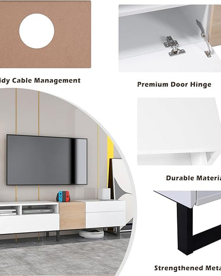 71 Inch TV Stand with Double Storage Space for TVs up to 80'', Modern TV Console with Drop Down Door, Entertainment Center for Living Room, Bedroom and Home Theatre, Wood+White - LeafyLoom