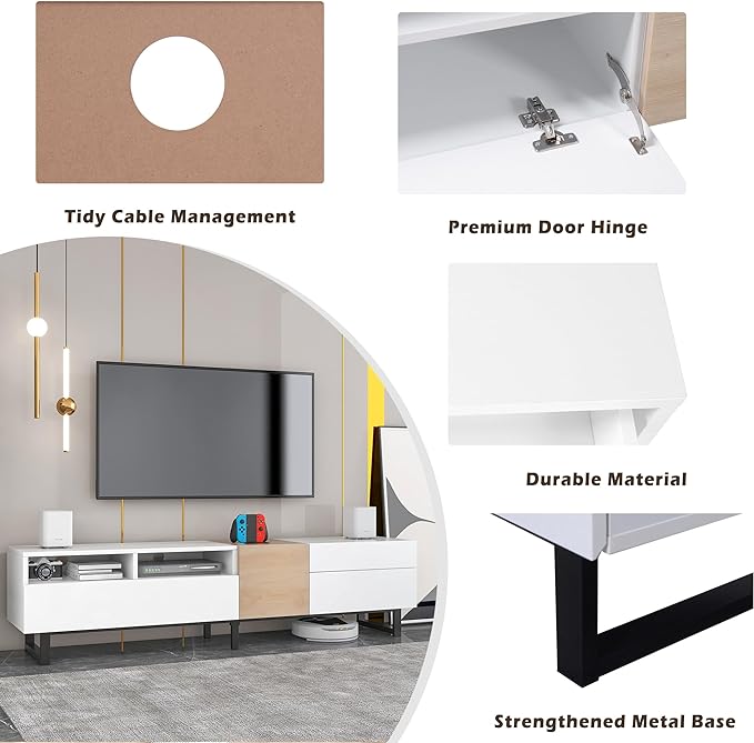 Inch Modern Stand with Double Storage, Drop Down Doors, Cable Management-Media Console Table, Entertainment Center for Living Room, Bedroom, Support 80" TV, White-1 - LeafyLoom