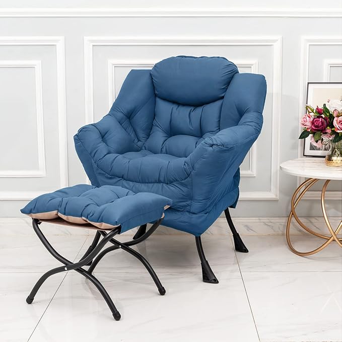 Welnow Lazy Chair with Ottoman, Modern Lounge Accent Chair with Armrests and a Side Pocket, Leisure Sofa Chair Set, Reading Chair with Footrest for Small Space, Corner Chair, Royal Blue - LeafyLoom