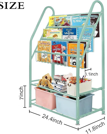 aboxoo Metal Kids Bookshelf Green Bookcase Freestanding for Children Room 24 in Toy Organizer Green Stable Bookcase Bookstore Library Book Unit Storage - LeafyLoom