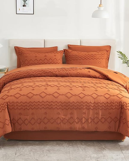 EMME Queen Comforter Set - 7 Pcs Pumpkin Boho Bedding Sets, Full Size Tufted Comforter with Sheets, Shabby Chic Embroidery Queen Bed Set Fluffy Bed Bag for All Season(90"X90") - LeafyLoom
