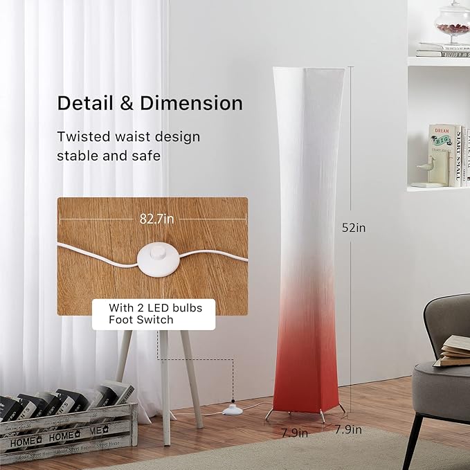 chiphy Floor Lamp, Dimmable 52" (S) Tall Standing Lamp, 3 Levels Adjustable Brightness LED Bulbs, Column Floor Light, Red Gradient Fabric Lampshade, Home Decor for Living Room, Bedroom, Kids Room - LeafyLoom