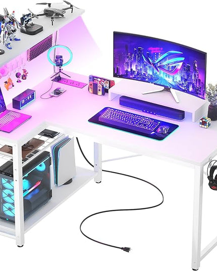 Homieasy Small Gaming Desk with Power Outlets Pegboard LED Light, 43 Inch L Shaped Computer Desk with Monitor Stand Storage Shelves, Reversible Corner Desk with Headset Hooks, White - LeafyLoom