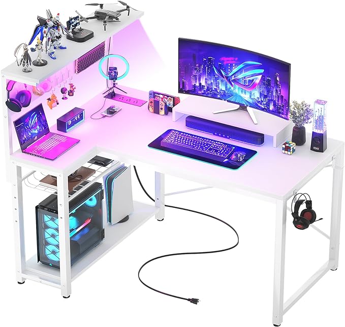 Homieasy Small Gaming Desk with Power Outlets Pegboard LED Light, 43 Inch L Shaped Computer Desk with Monitor Stand Storage Shelves, Reversible Corner Desk with Headset Hooks, White - LeafyLoom
